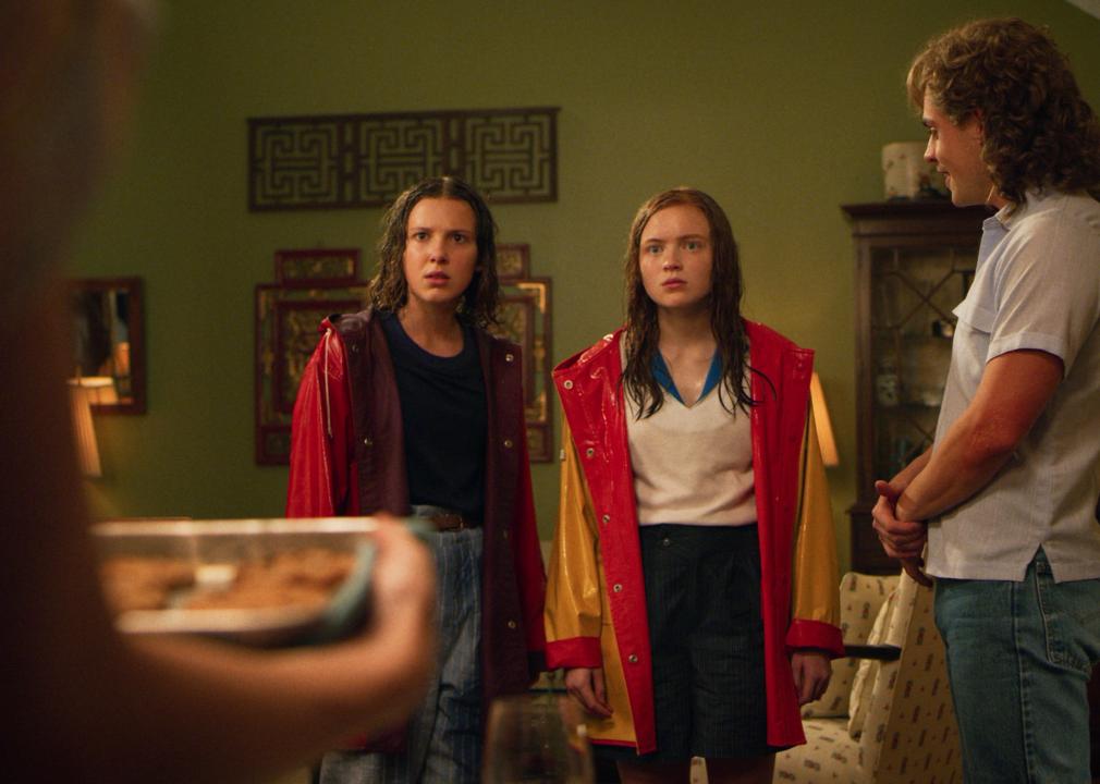 Dacre Montgomery smiling at Sadie Sink and Millie Bobby Brown as they look at someone else with confused faces.