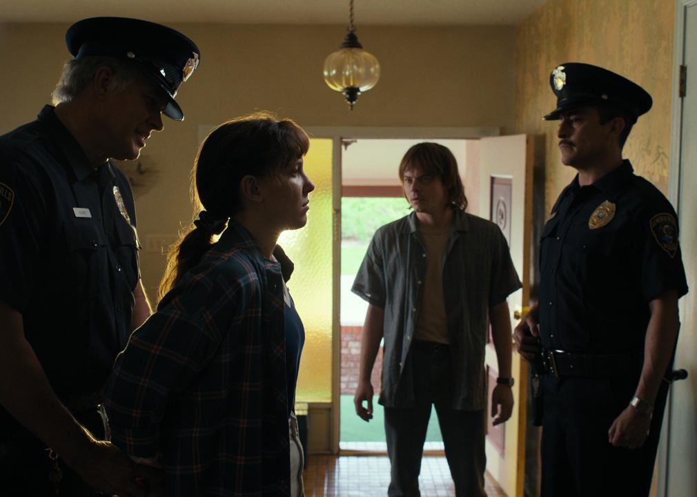 Millie Bobby Brown being arrested in front of Charlie Heaton.