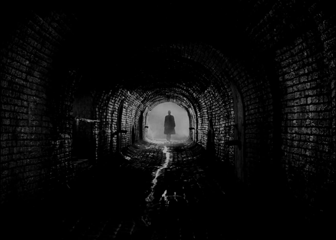 A long dark tunnel with a man leaving through fog on the other end.