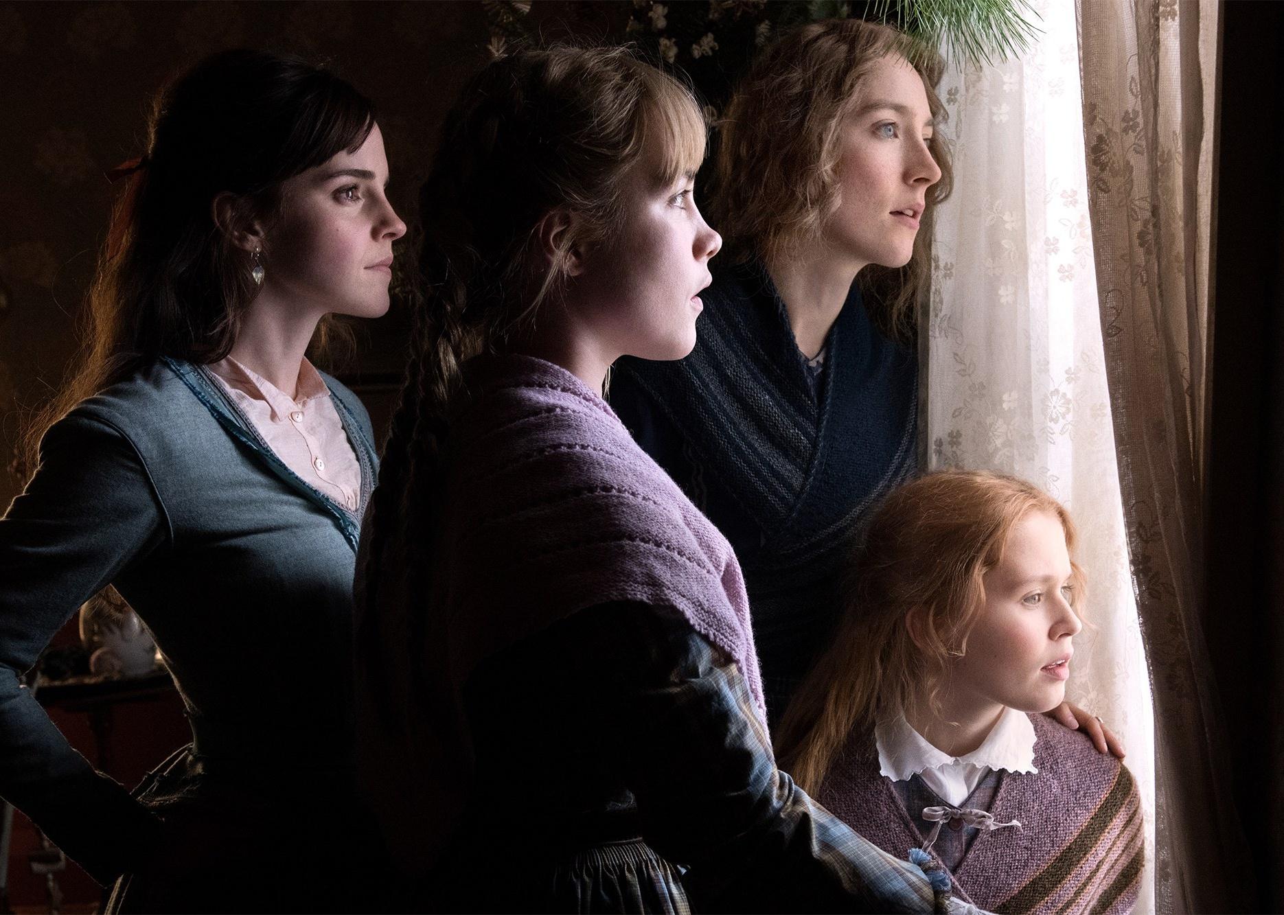 Emma Watson, Saoirse Ronan, Florence Pugh, and Eliza Scanlen looking out a window together.