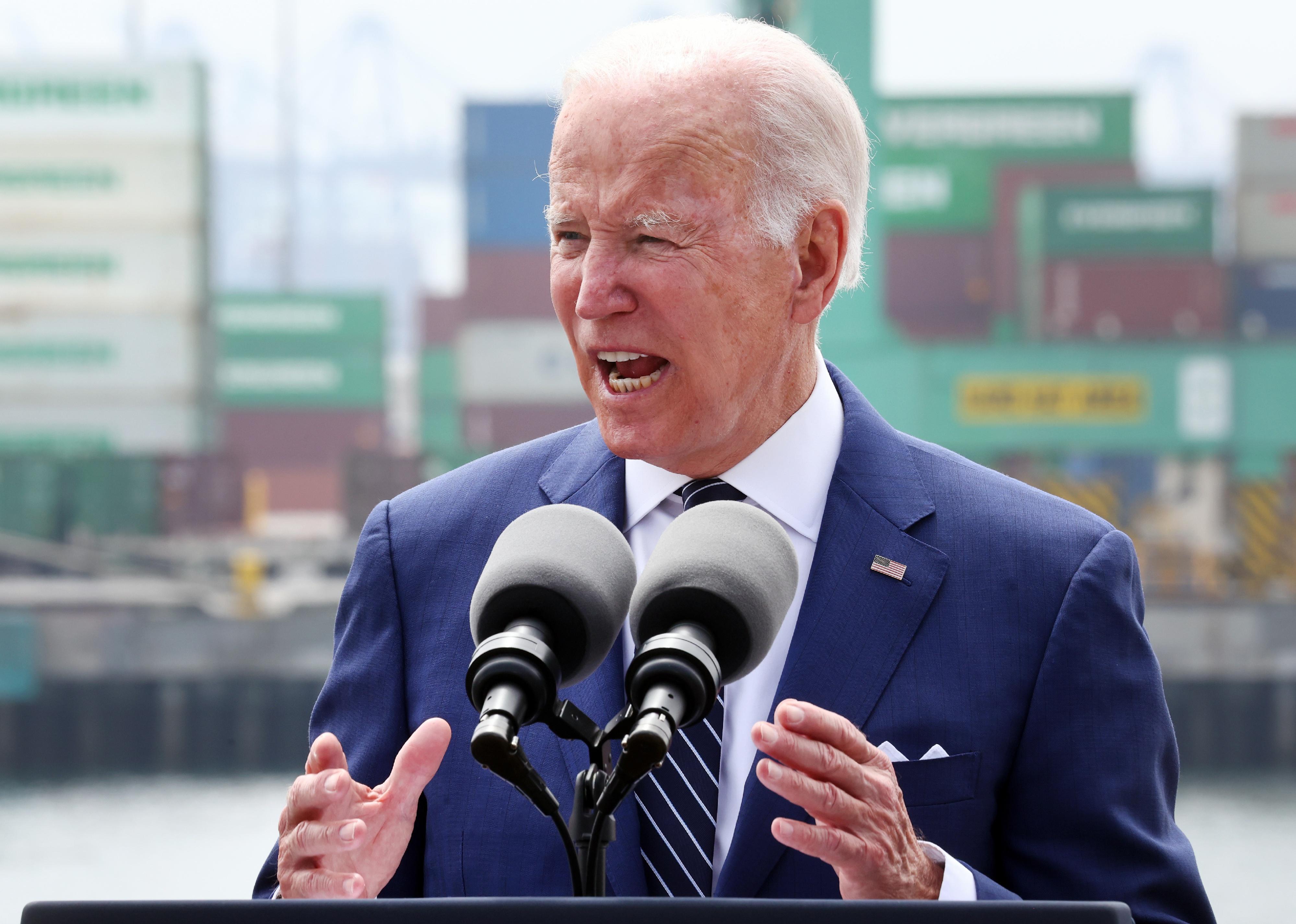 President Joe Biden delivers remarks aboard the Battleship USS Iowa Museum at the Port of Los Angeles.