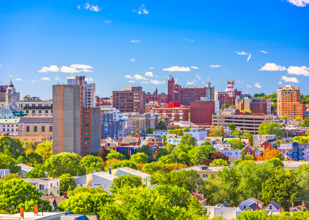 Aerial view of buildings and homes nestled amongst the trees in Portland, ME.