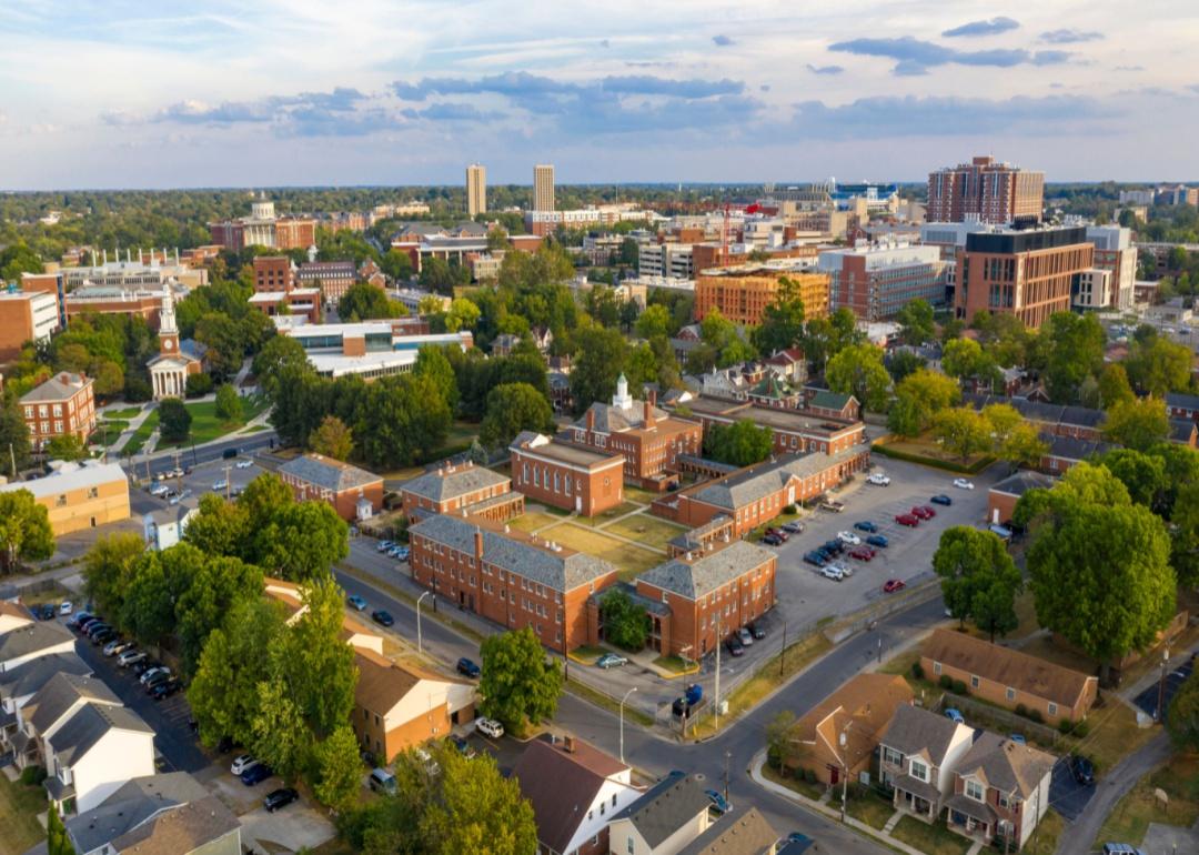 Aerial view of university campus and surrounding neighborhood in Lexington, KY.