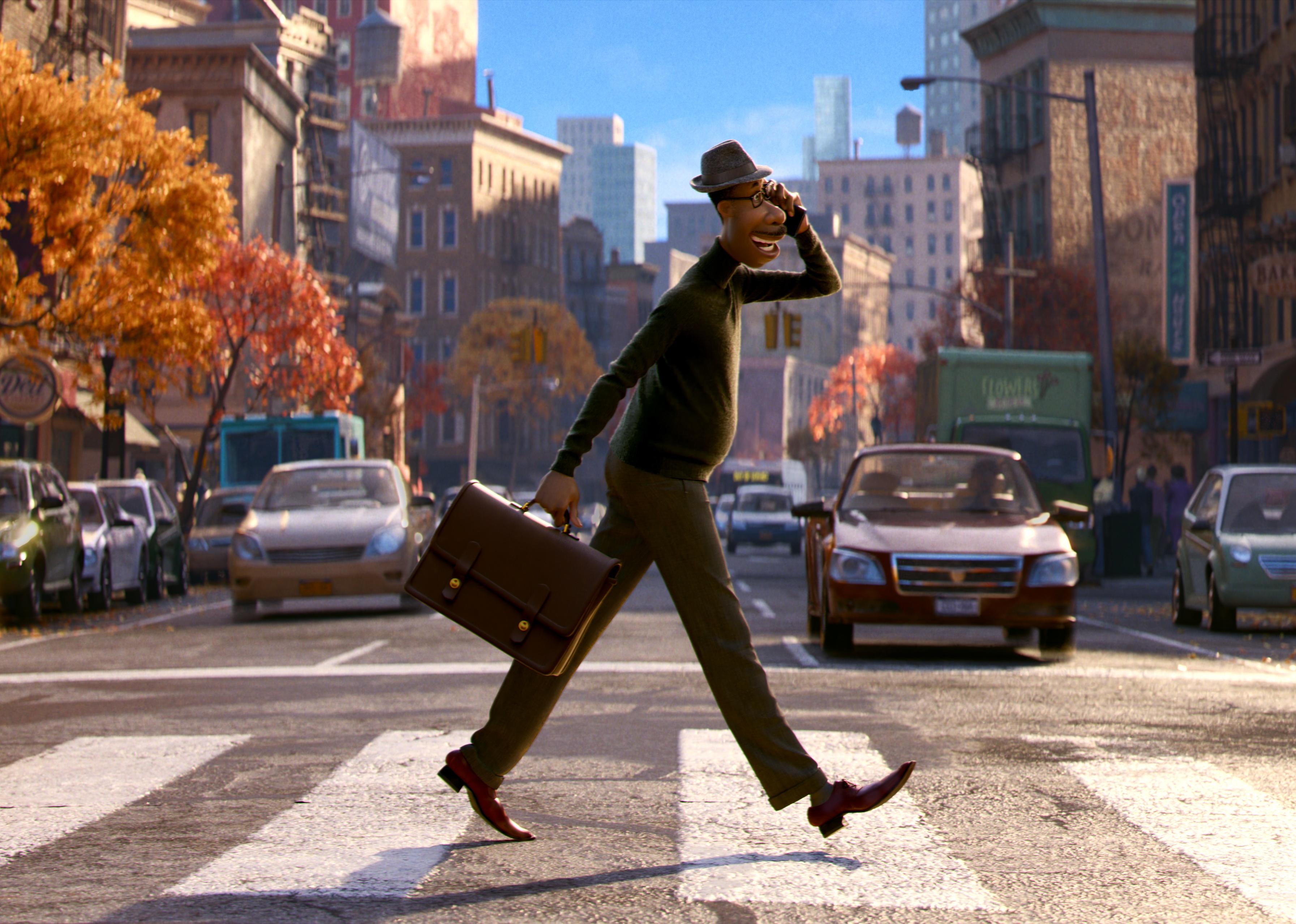 A cartoon of a man with a briefcase on the phone walking through a busy crosswalk.
