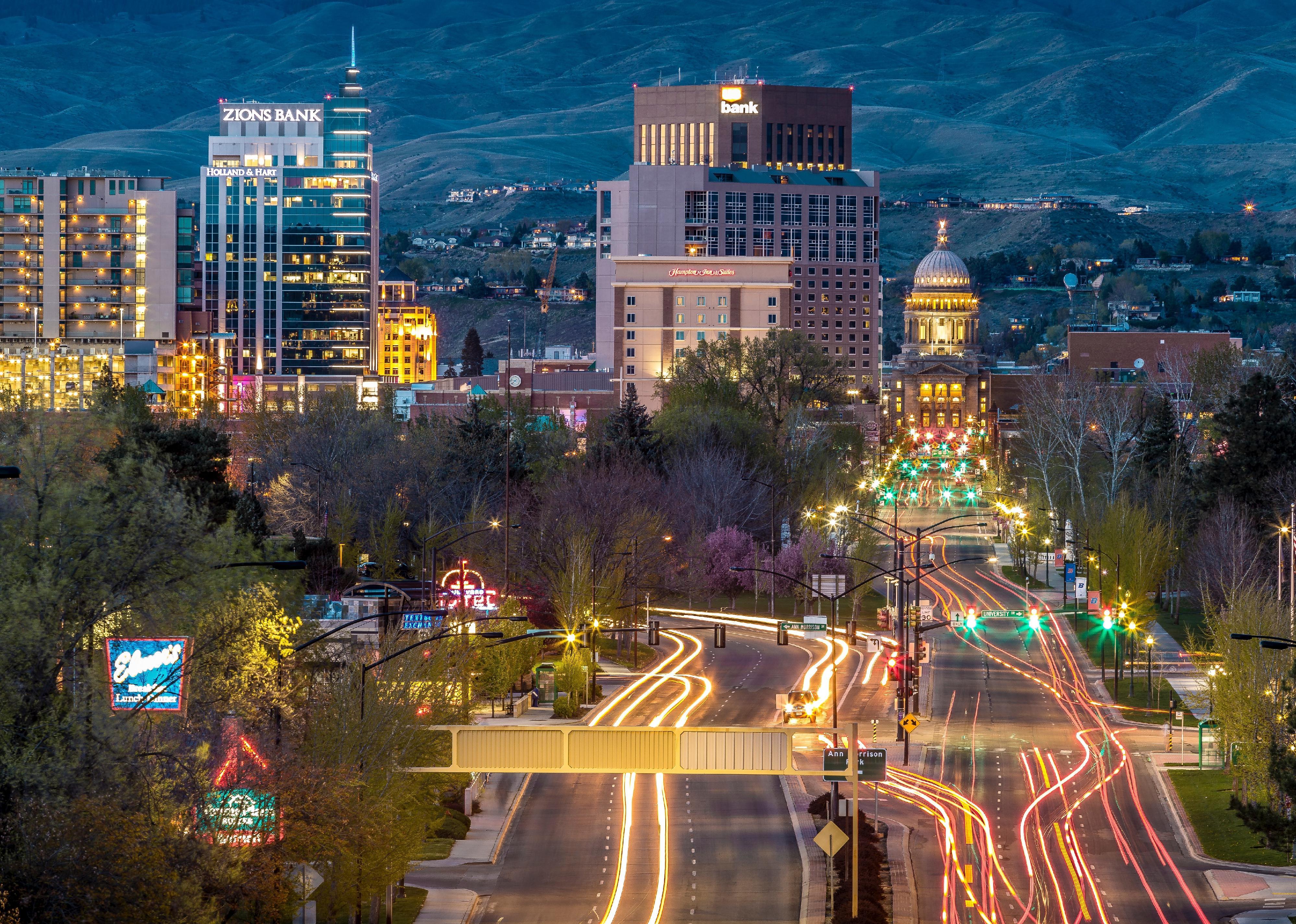 The Idaho State Capitol building in Boise at dusk.