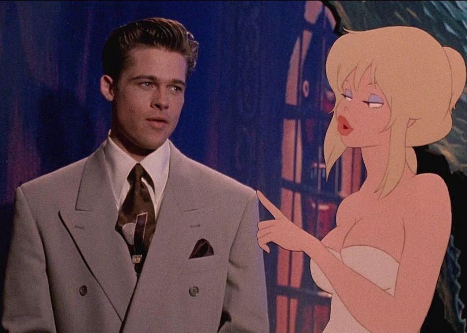 Brad Pitt in a cartoon world talking to a beautiful cartoon woman.