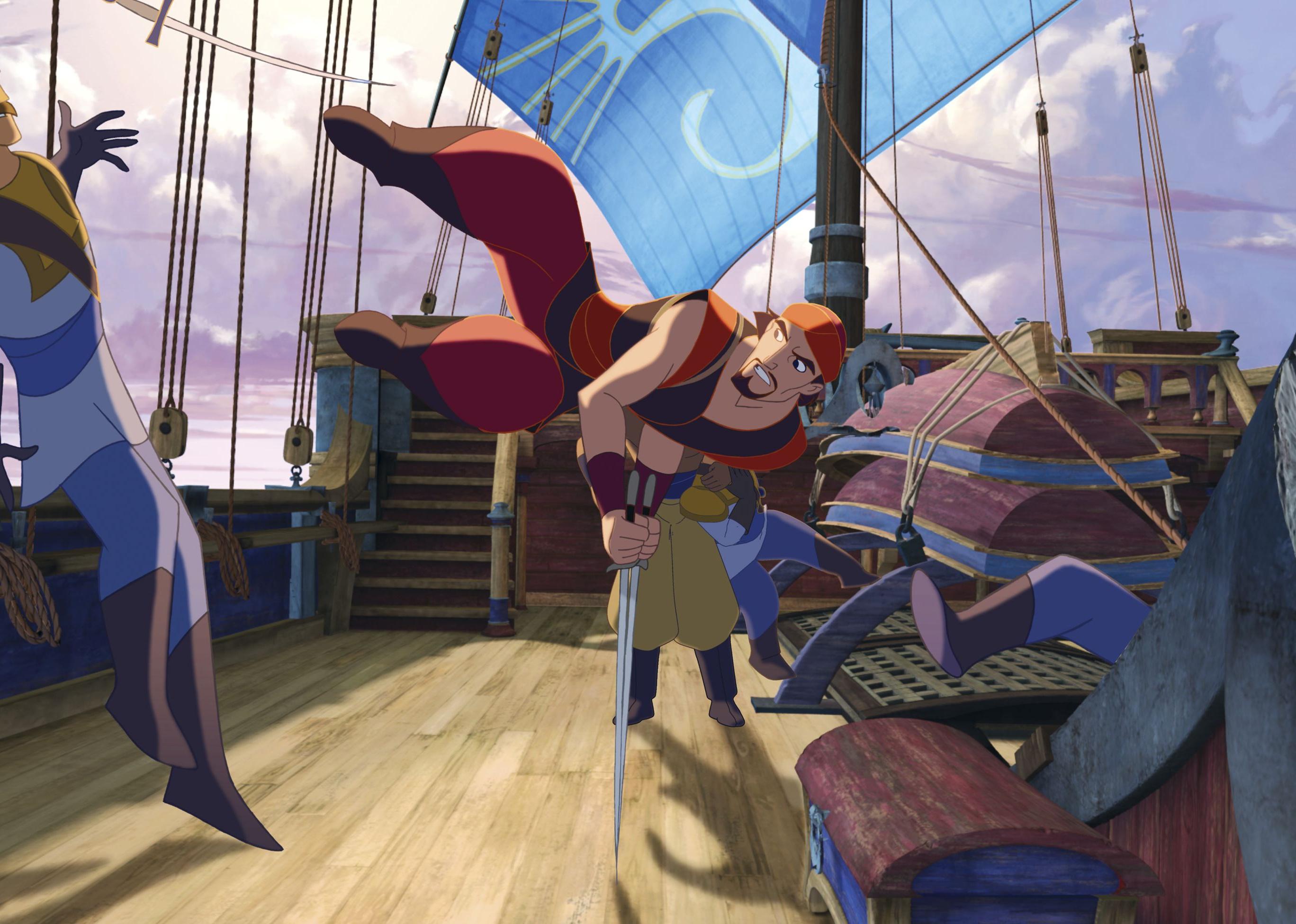 Two male cartoon characters fighting with swords on a ship.