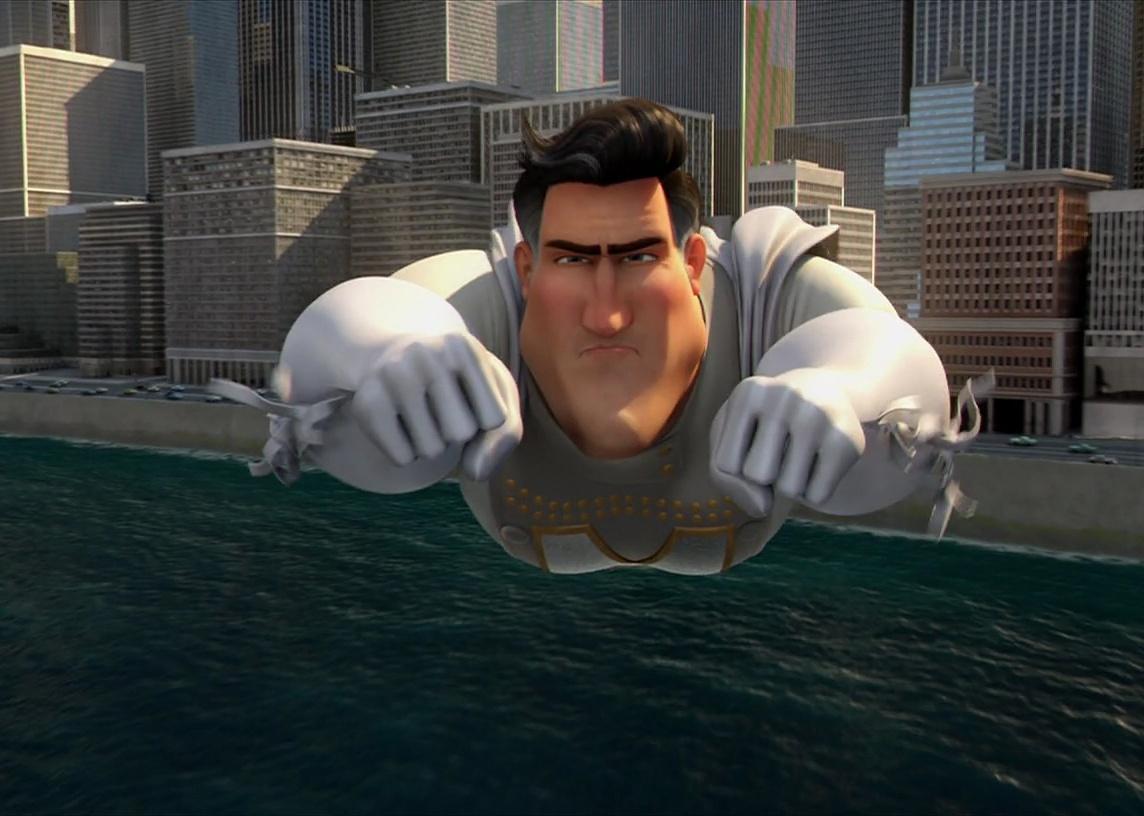 An animation of a superhero in a grey suit flying over the city.