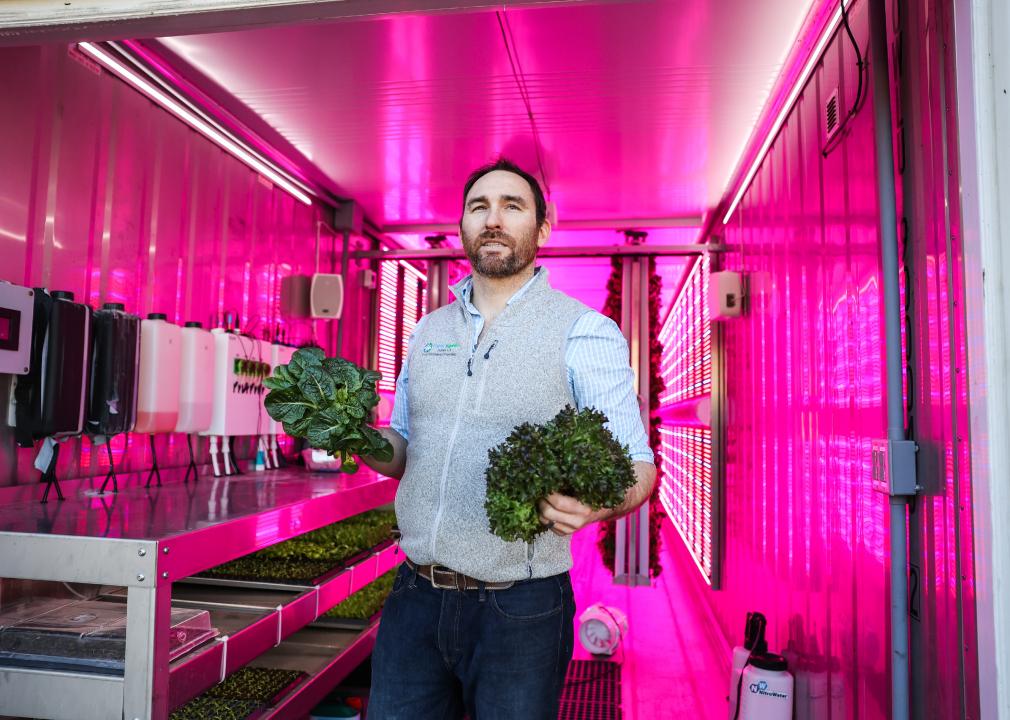 A man holds lettuce inside his vertical farm with pink lights, which uses shipping containers to grow crops.