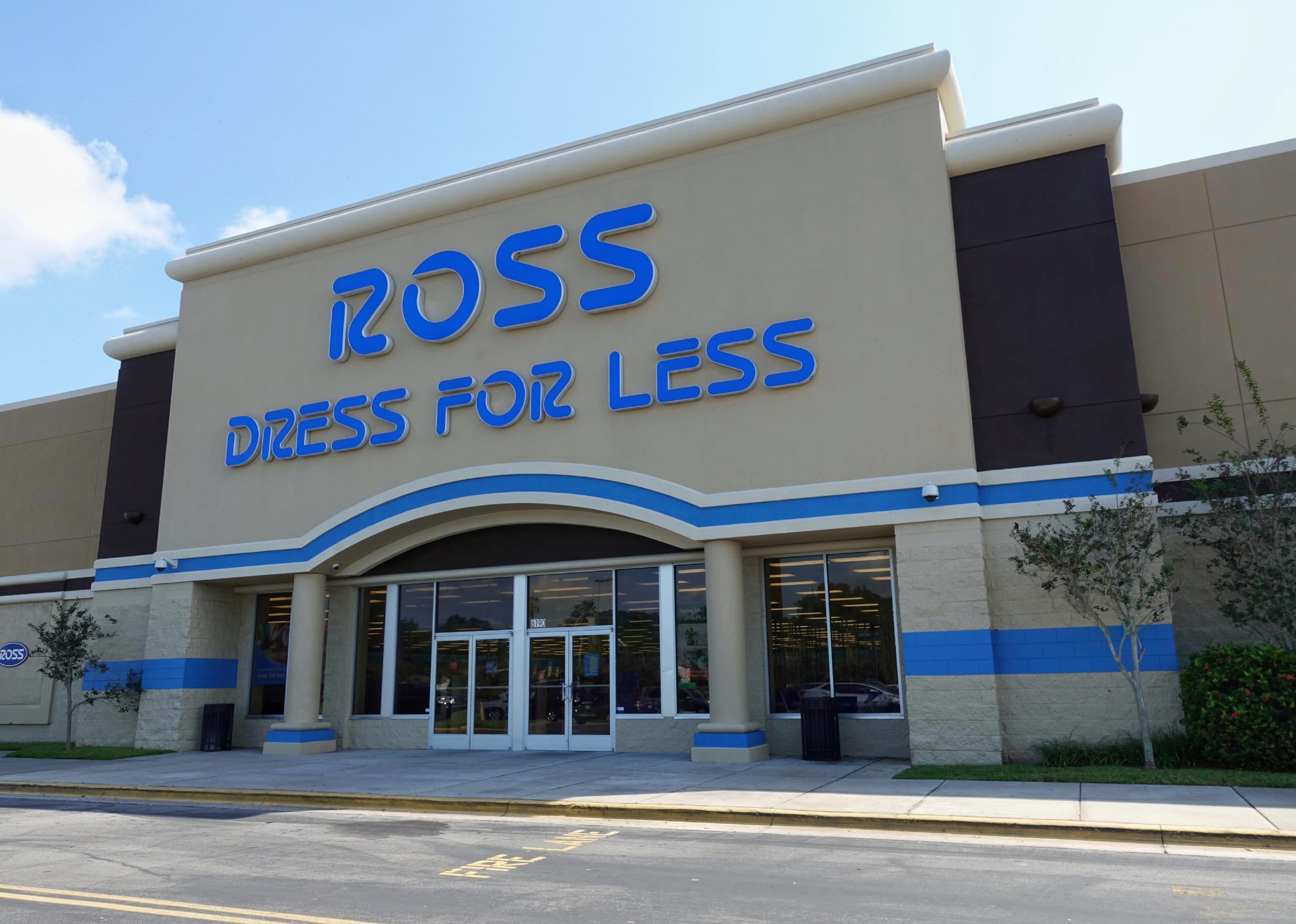 The exterior of a Ross store with big blue letters.