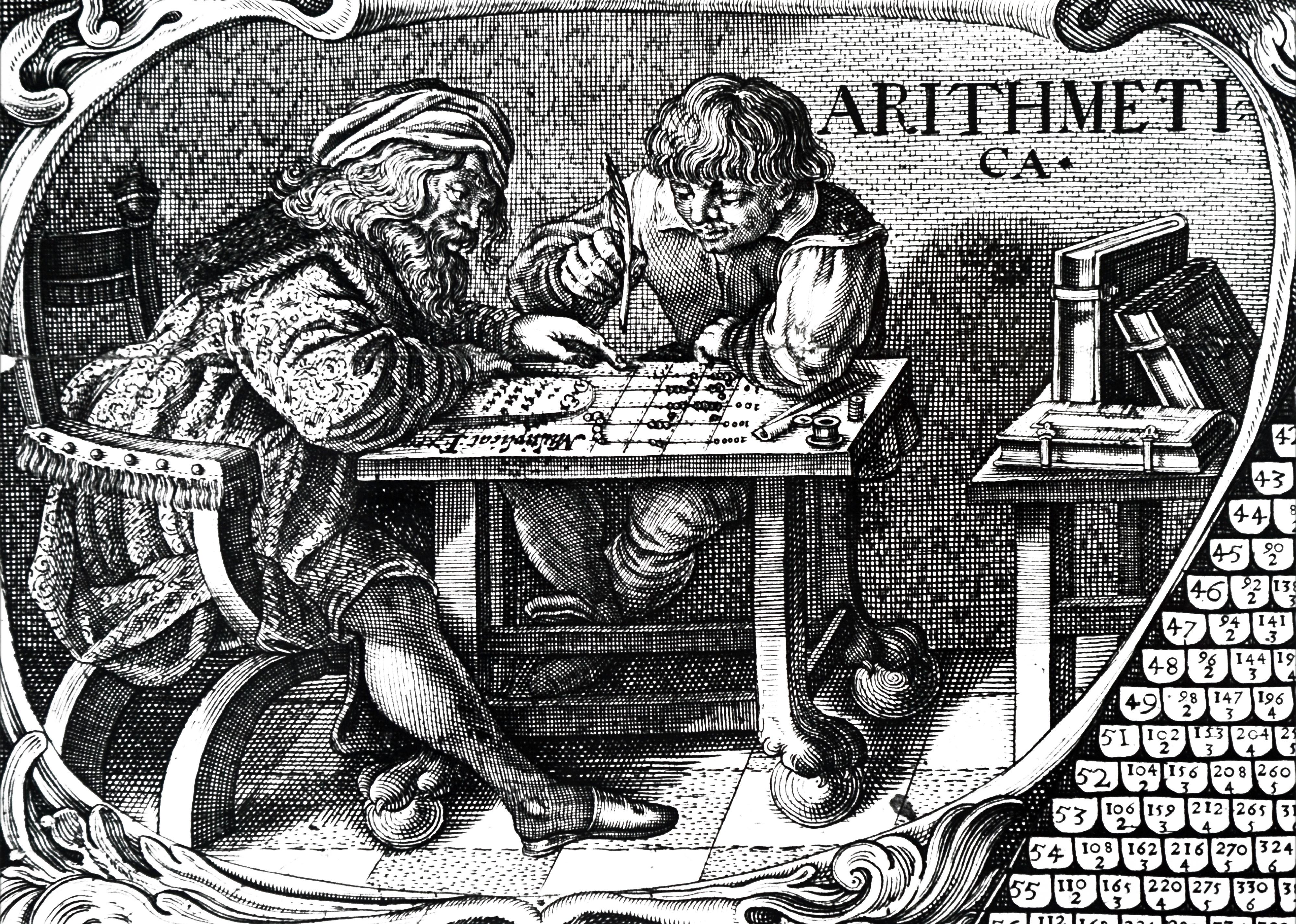 An engraving depicting a merchant and his clerk using a calculating table marked out in the form of an abacus. 