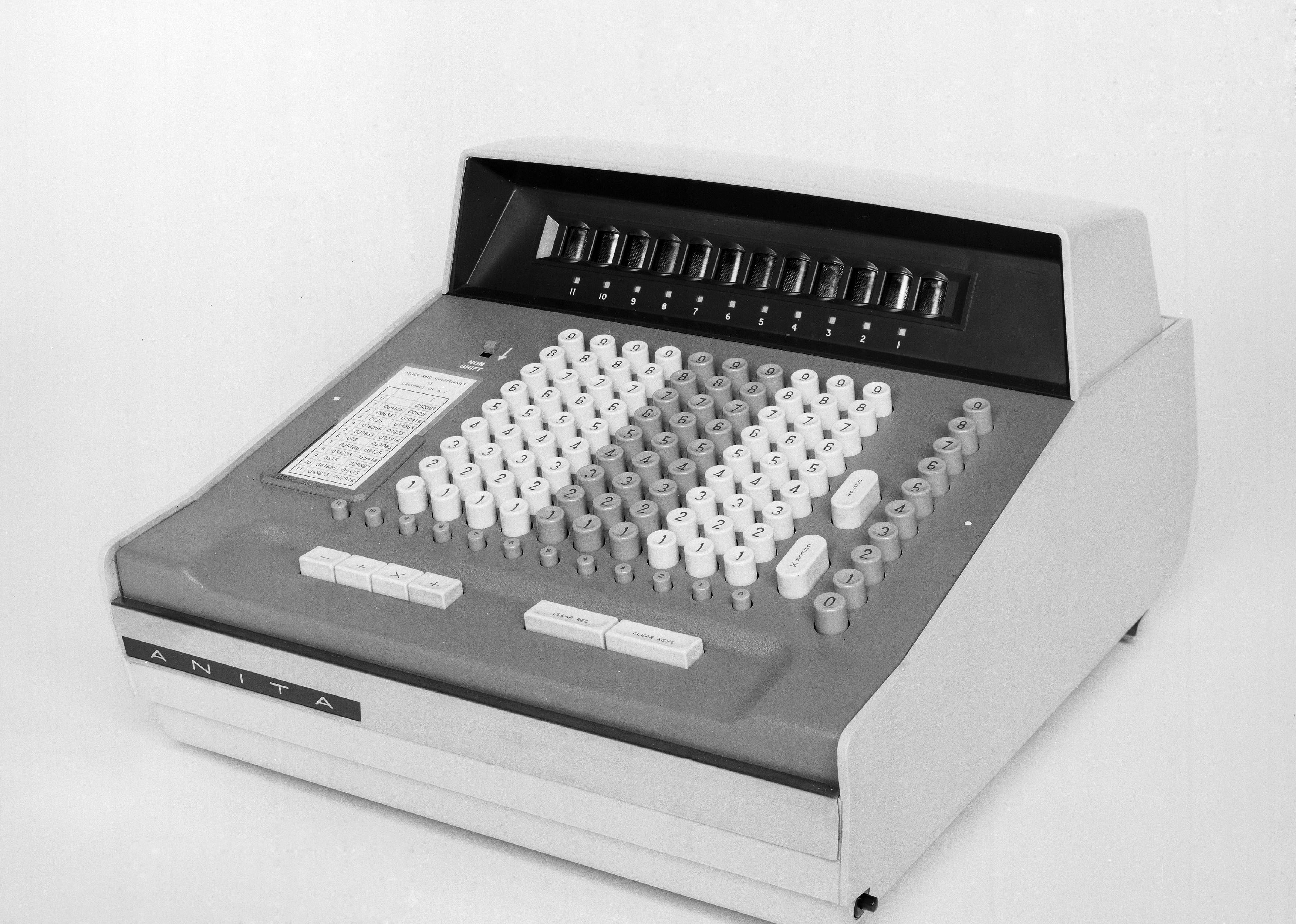 The Anita electronic desk calculating machine with a full 10 column keyboard with separate multiplication column and 12 figure result display.