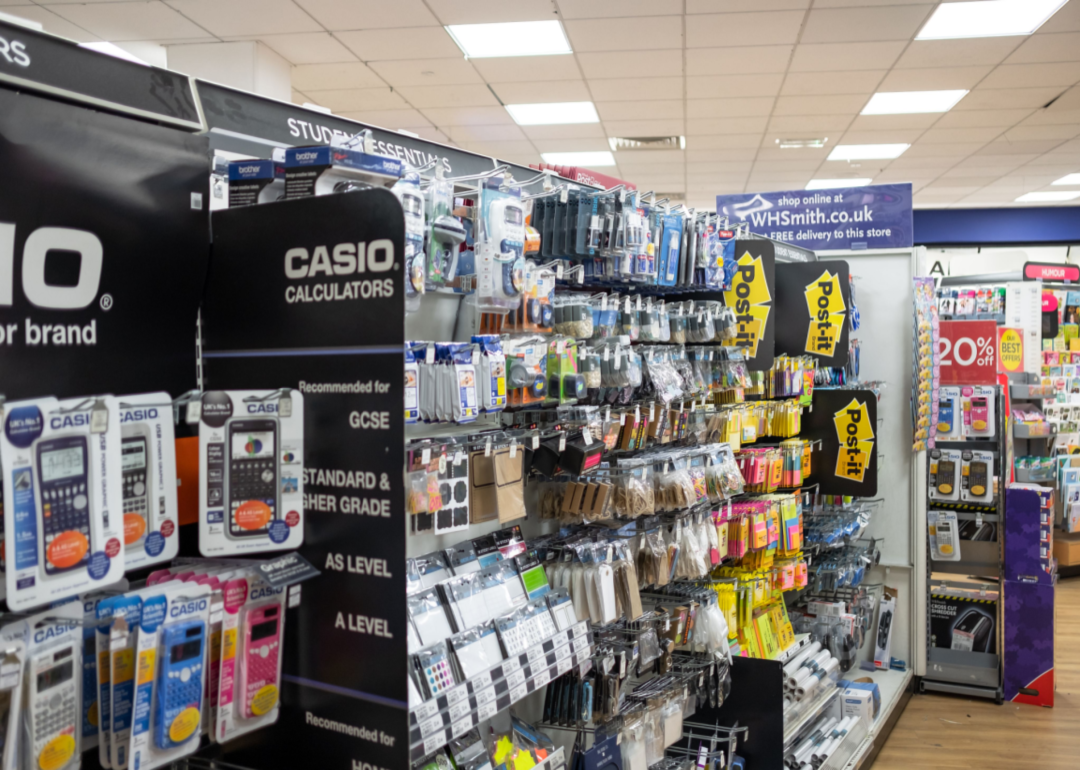 Casio calculators on display in a store.