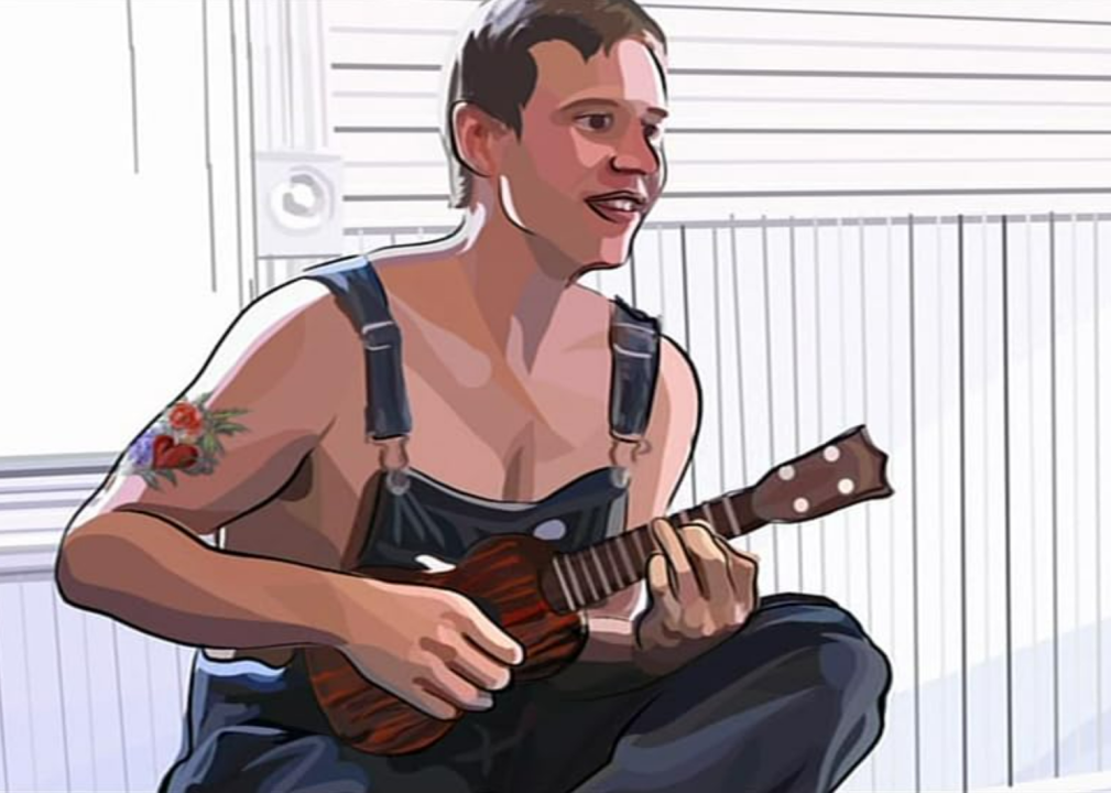 An animated image of Guy Forsyth playing a ukulele in Waking Life.