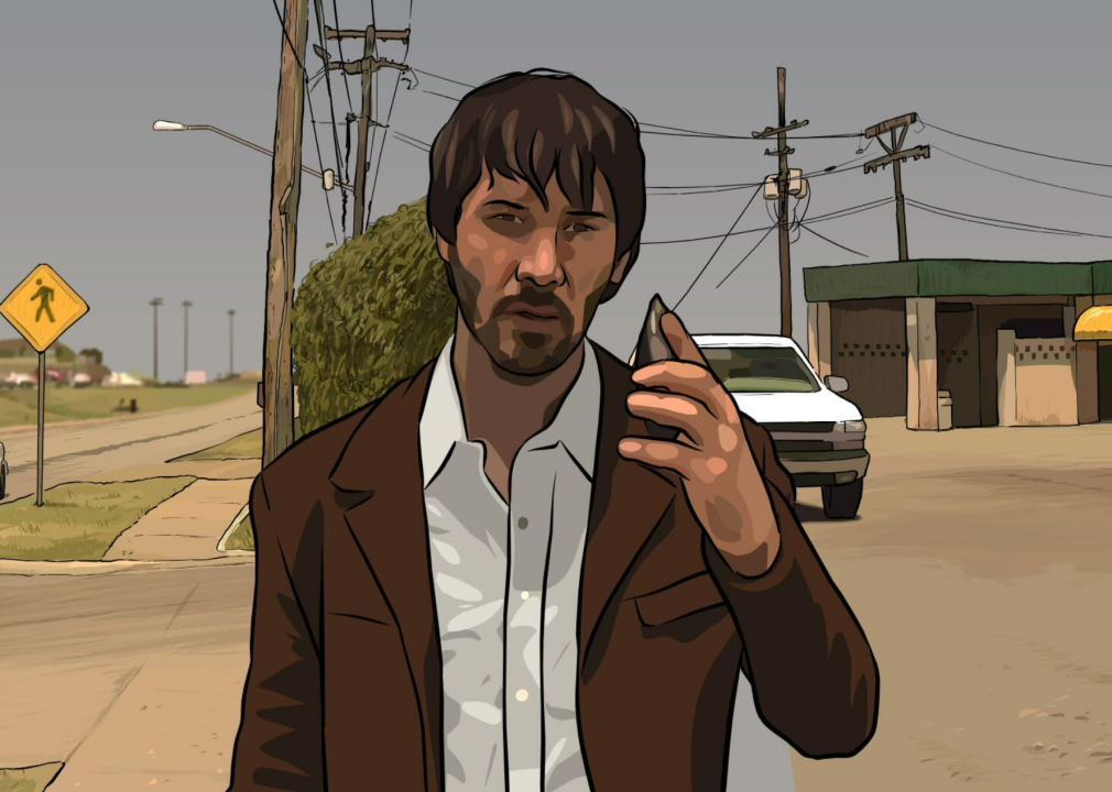 An animated image of Keanu Reeves in a parking lot in A Scanner Darkly.