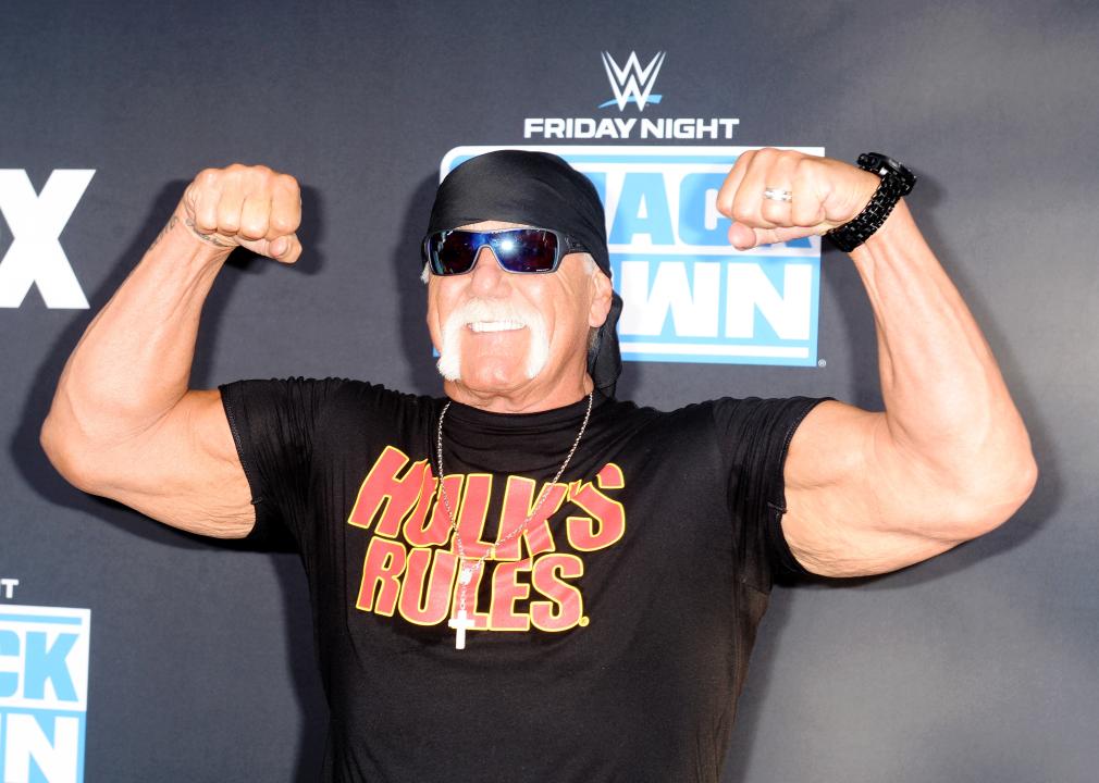 Hulk Hogan does a muscle pose at an event.