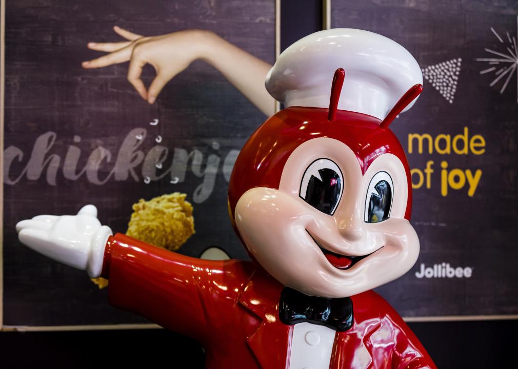 A Jollibee mascot statue, which is a smiling bee wearing a red suit, a chef's hat, a bow tie, and white gloves. The figure resembles Mickey Mouse.