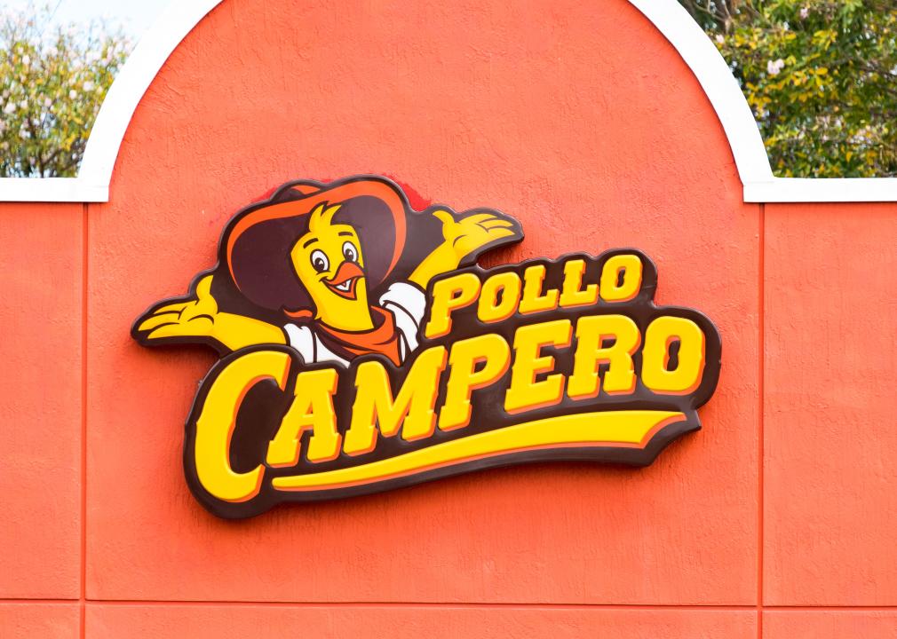 Close up of a Pollo Campero sign on a building; the logo includes a smiling cartoon chicken wearing a sombrero with his arms raised.