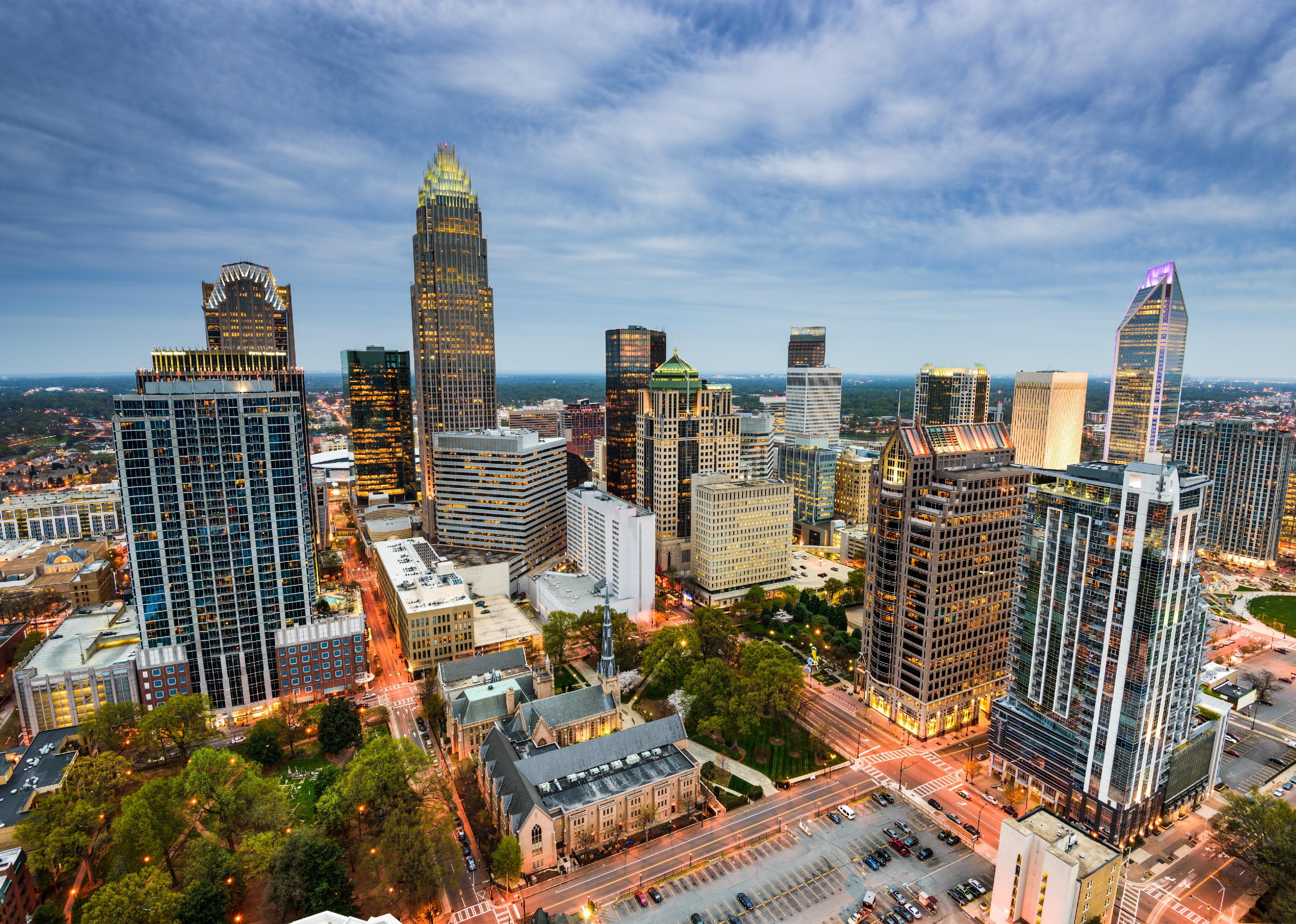 Aerial view of downtown in Charlotte, North Carolina.