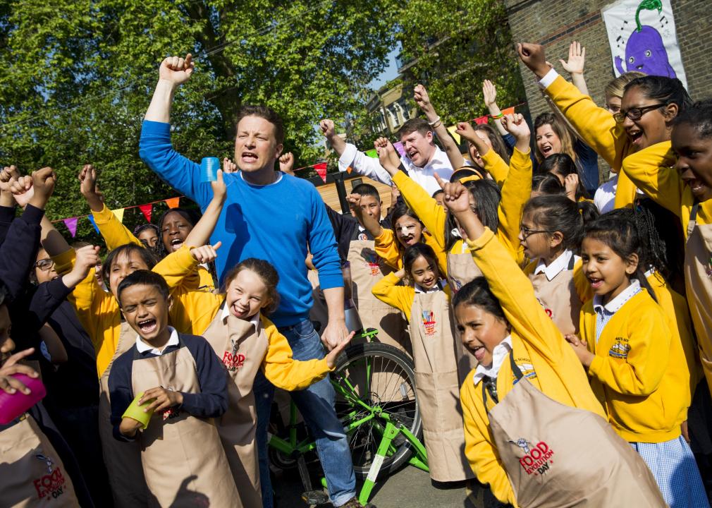 Jamie Oliver with children from St Paul's Whitechapel CE Primary school