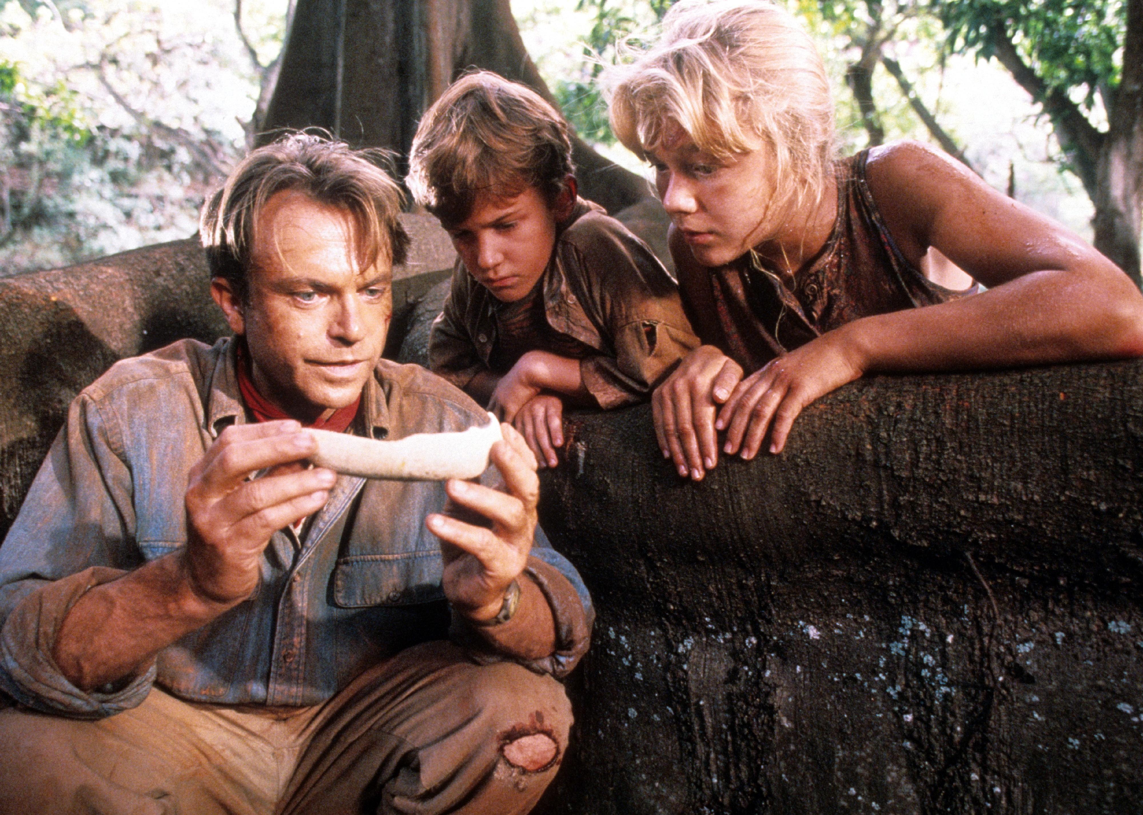 Sam Neill showing a bone to Joseph Mazzello and Ariana Richards in a scene from 'Jurassic Park'.