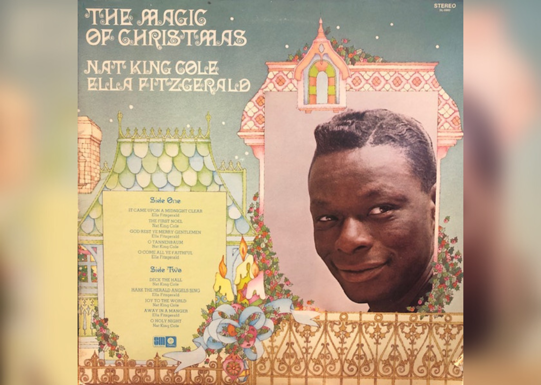 Nat King Cole on the front of a colorful Christmas house on the album cover.