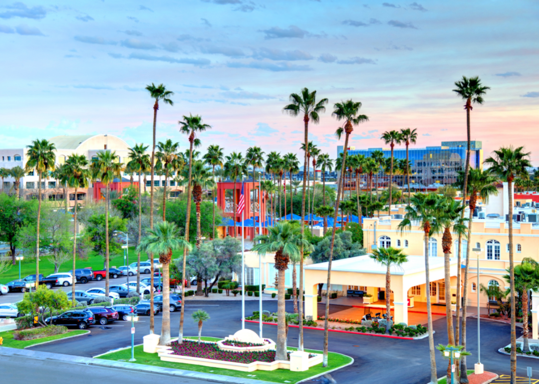 An aerial view of colorful buildings and palm trees in Chandler.
