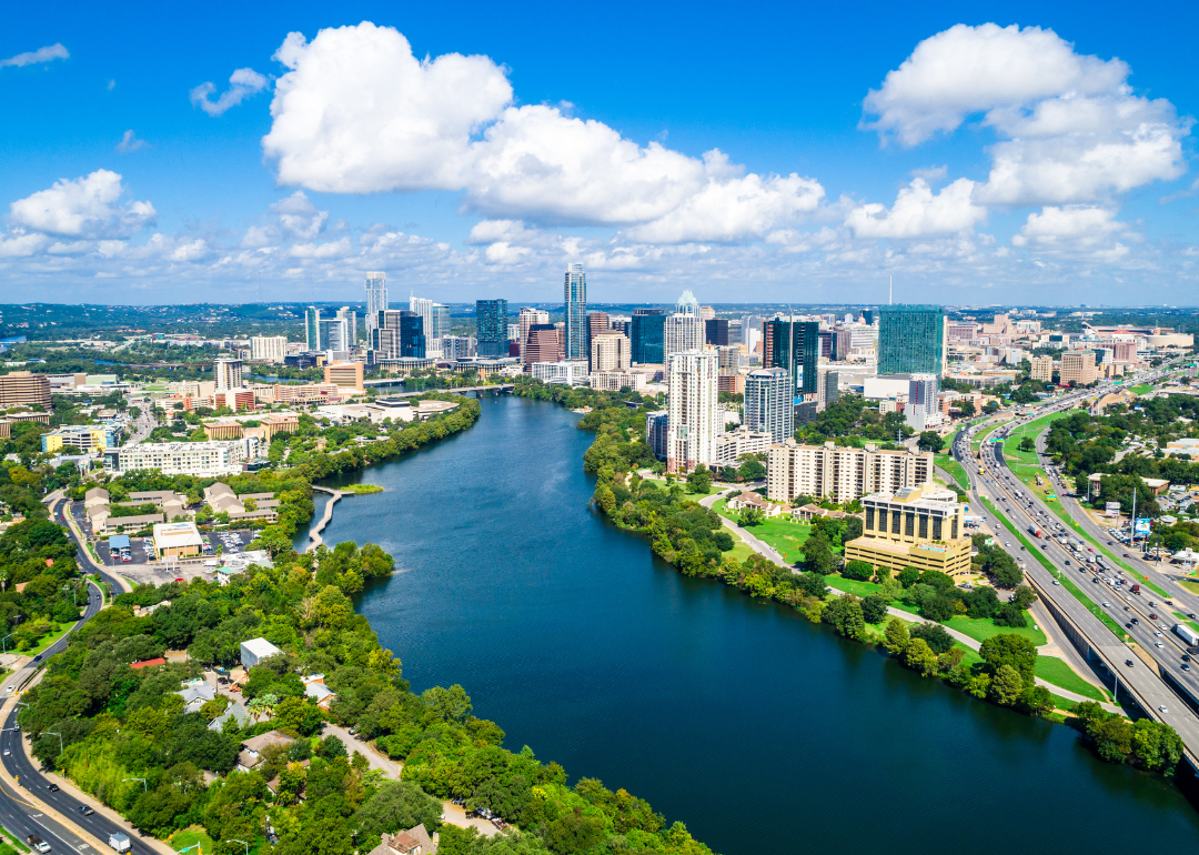 Aerial view of downtown Austin on the river.