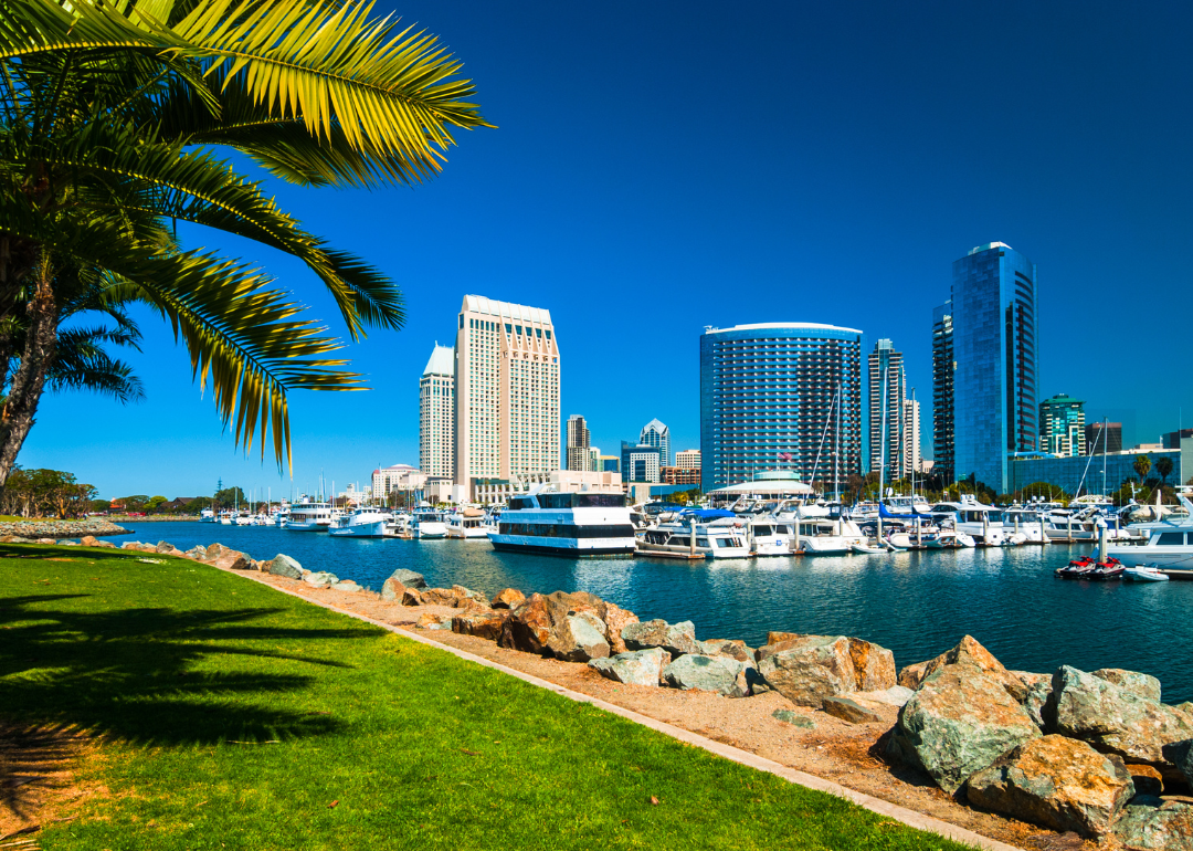 The San Diego skyline with boats on the water in the foreground.