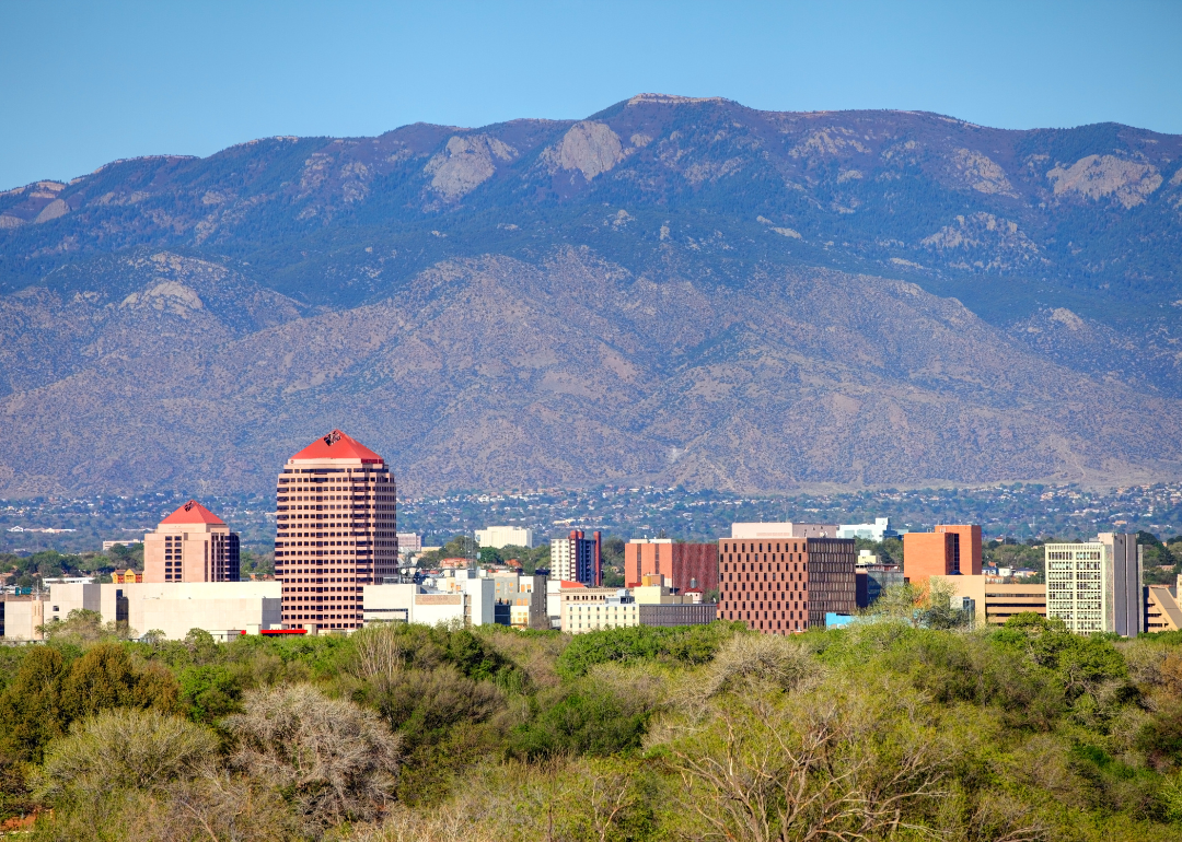 An aerial view of the Albuquerque skyline.