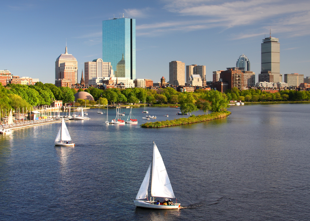 Sailboats on the water with the Boston skyline in the background.