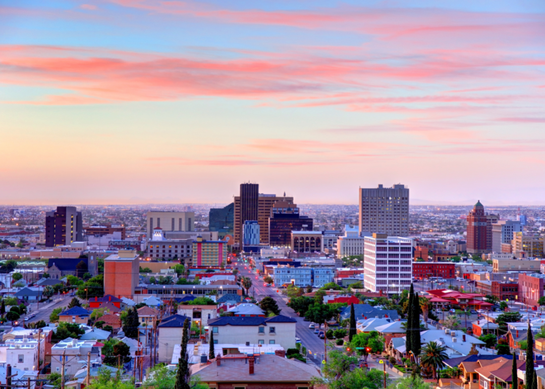 An aerial view of downtown El Paso at sunset.