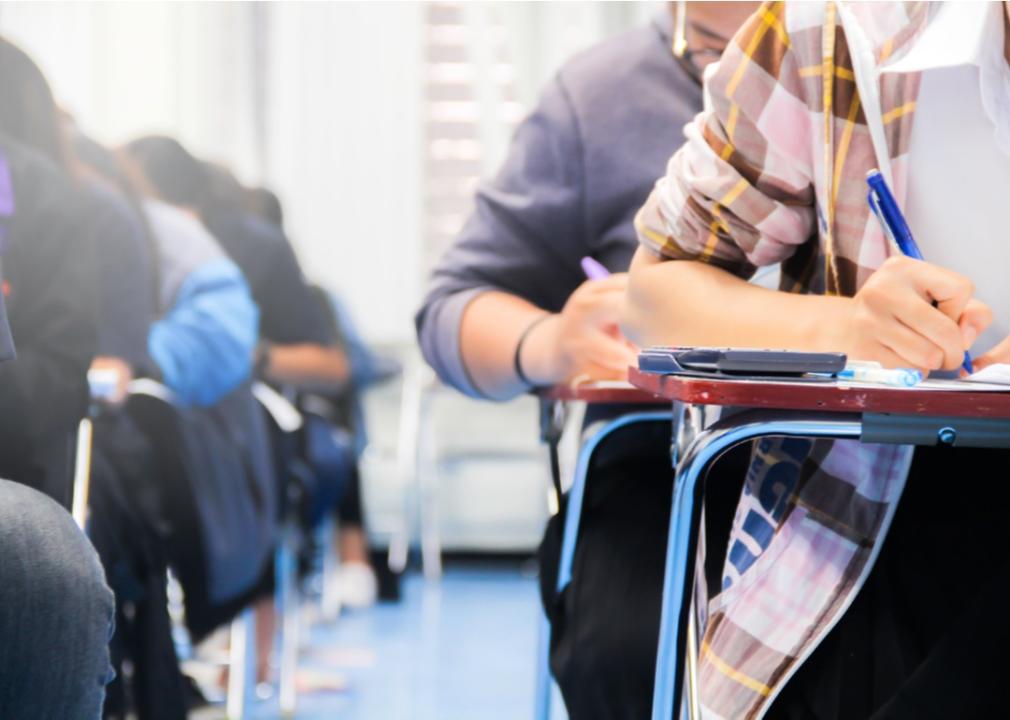 Students taking a quiz in a college classroom.