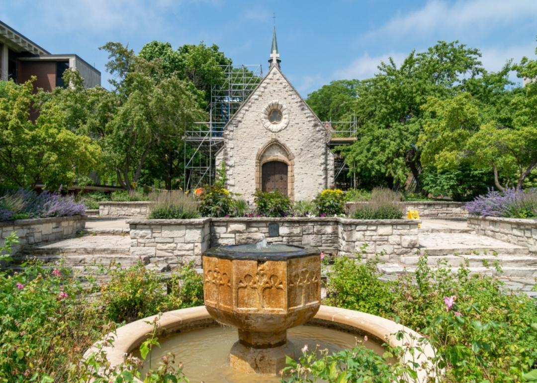 An old stone church undergoing renovations on Marquette University campus.