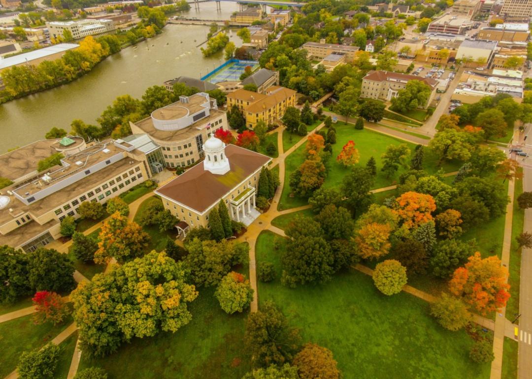 An aerial view of a large university campus.