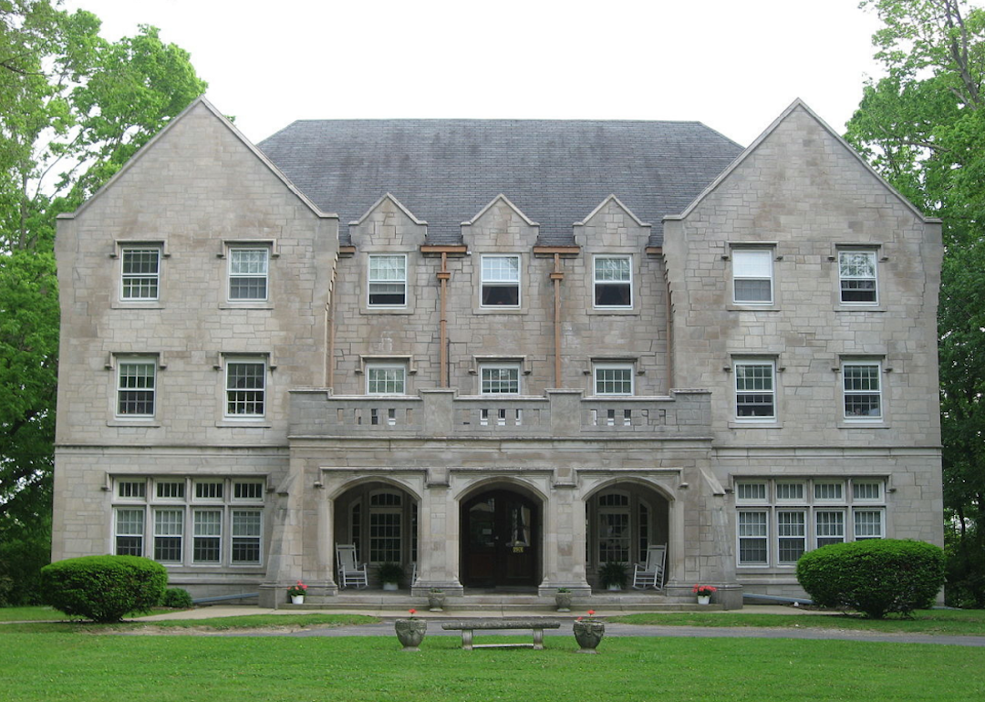 A historic gray stone building.