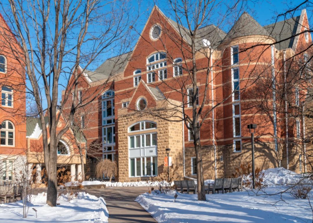 A brick building in the snow.