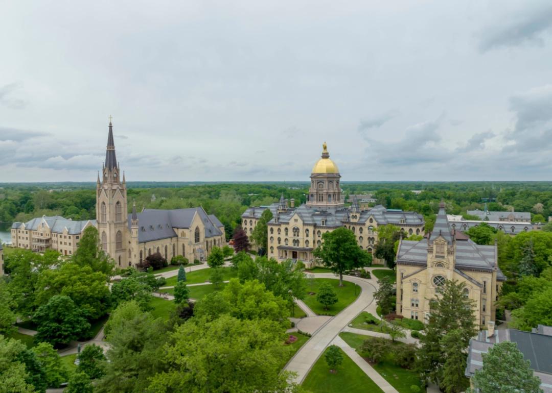 An aerial view of Notre Dame campus with a gold dome on top.