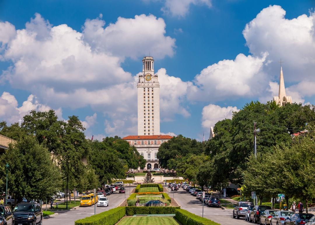 The University of Texas at Austin in front of a blue sky.