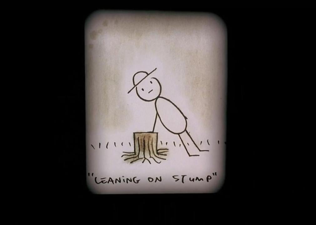 Cartoon of stick figure leaning on a stump.