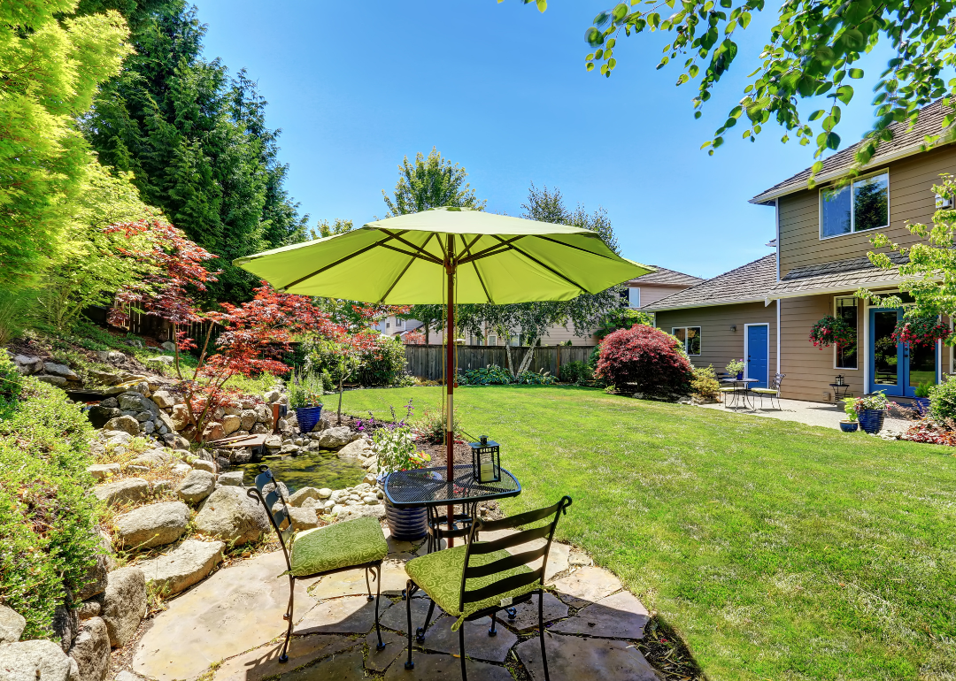 A green table and chairs under an umbrella in a terraced backyard.