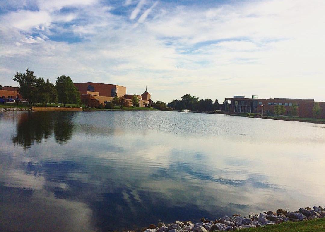 A pond in front of Cedarville University.