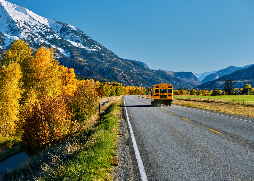 A school bus on the road in the mountains of Colorado.
