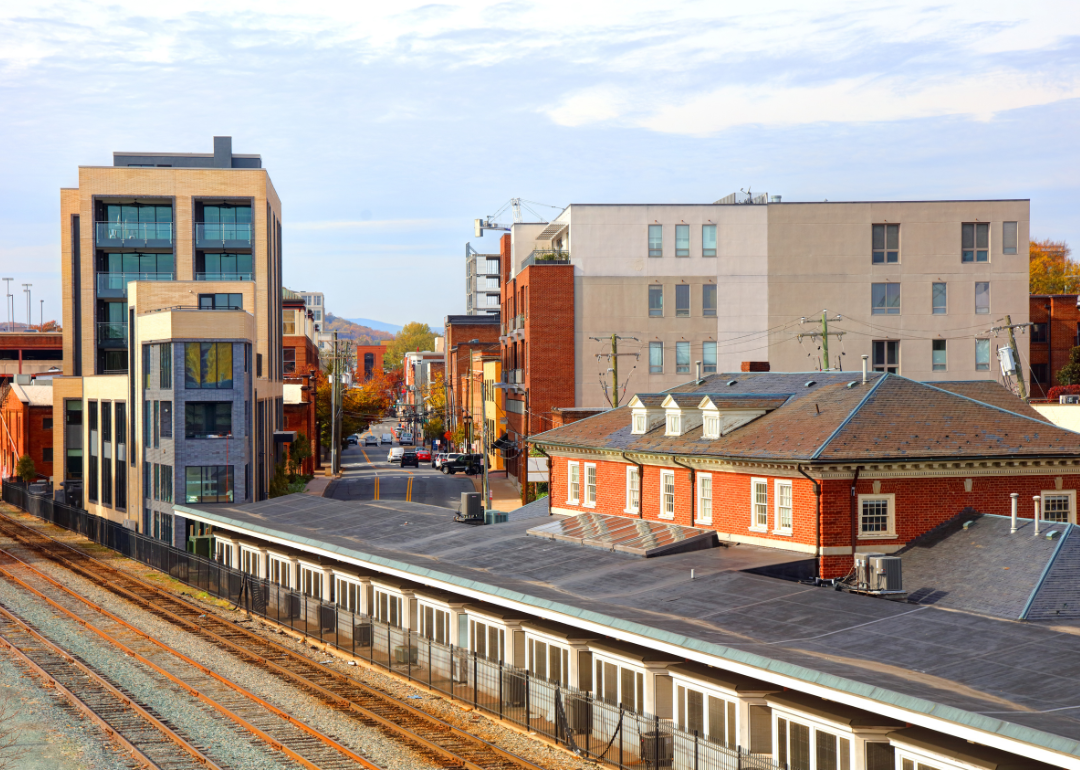 A main street of Charlottesville and railroad tracks downtown.