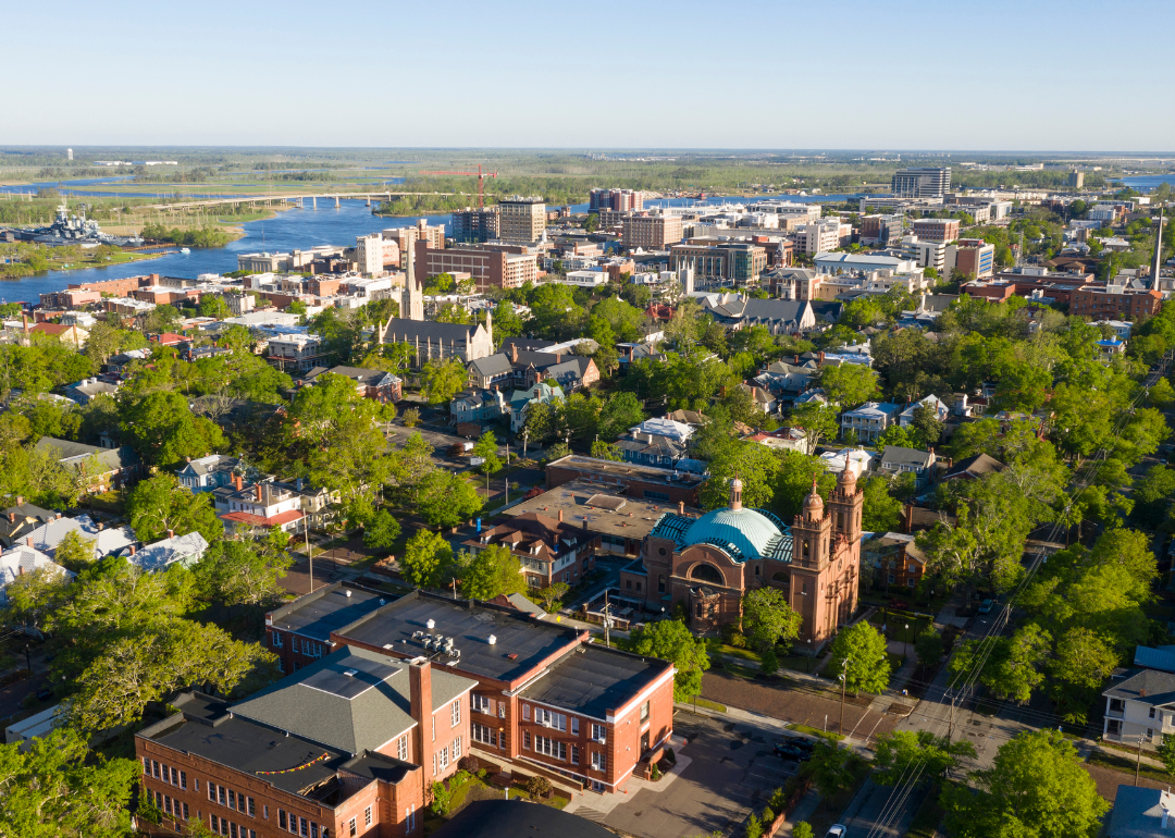 Aerial view of downtown and historic buildings in Wilmington.