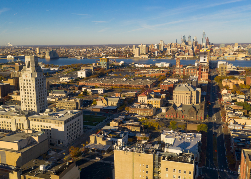 Aerial view over Camden, New Jersey with Philadelphia across the river.
