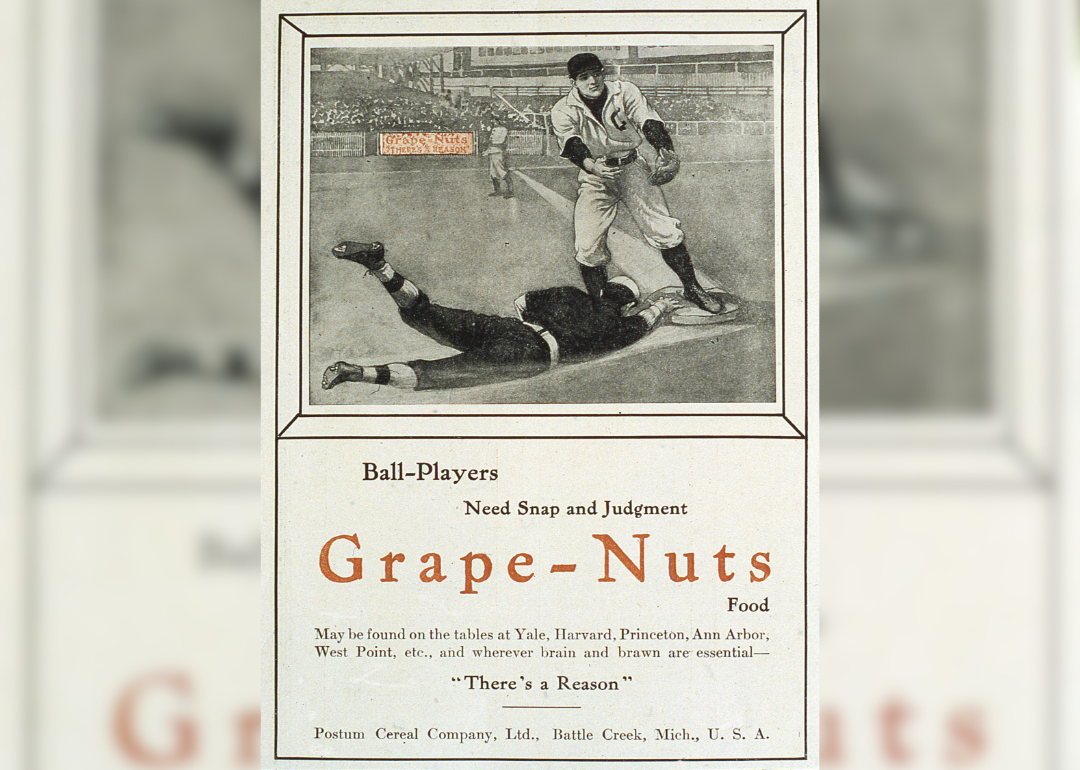 A 1915 Grape-Nuts cereal ad with an illustration of a baseball game.