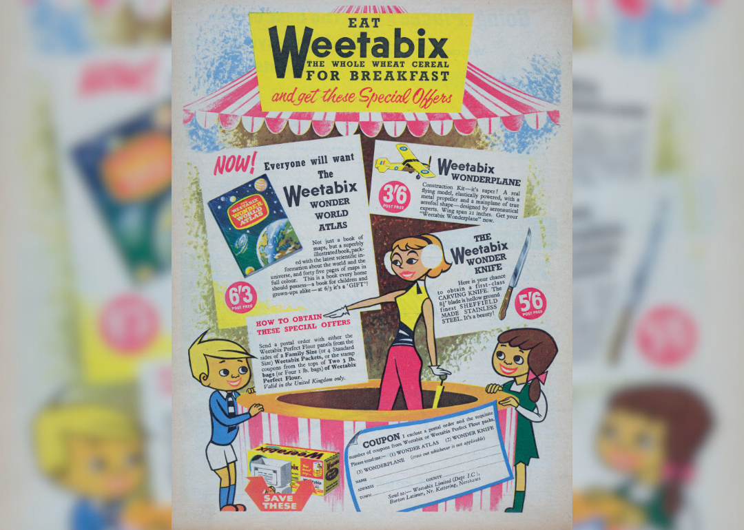 A colorful advertisement for Weetabix from the 1950's with cartoon characters and a coupon.