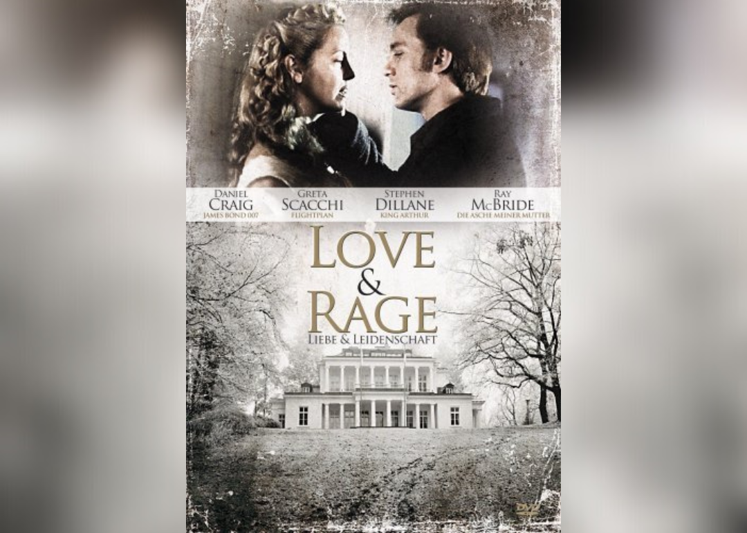 Two people about to kiss on the movie poster of Love and Rage.