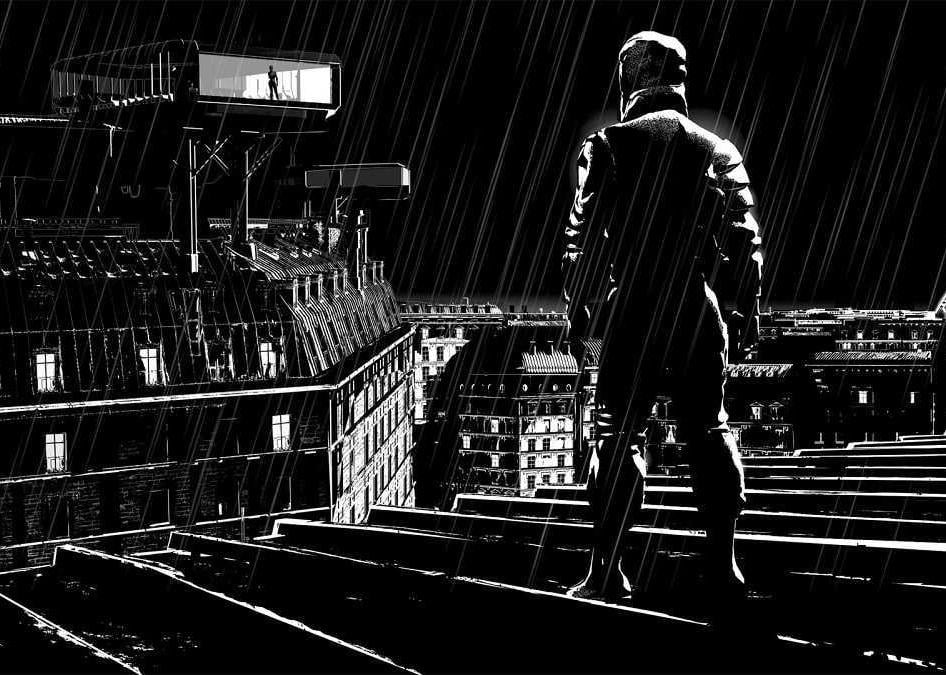 A tech noir animation of a man standing on top of a building looking across at a woman staring back at him through the glass of a tall building.